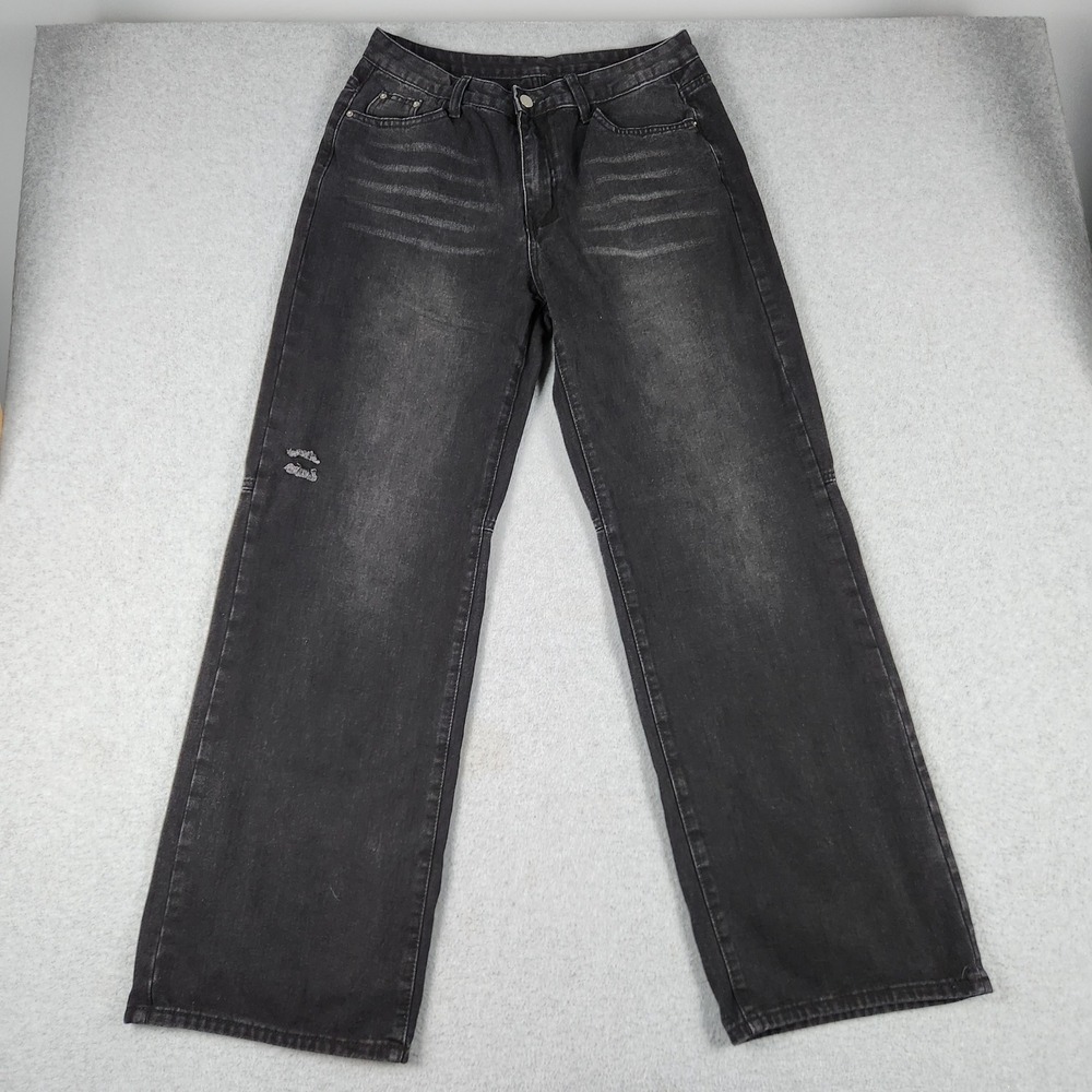 Shein Wide Leg Jeans Womens 32 Black Denim Cotton Dark Wash Distressed Casual